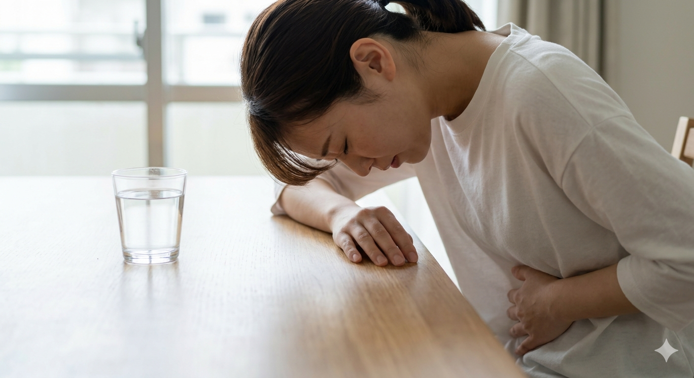 二日酔いの吐き気と胃のむかつきに苦しむ女性が水と胃薬を前にしている様子。薬剤師監修。