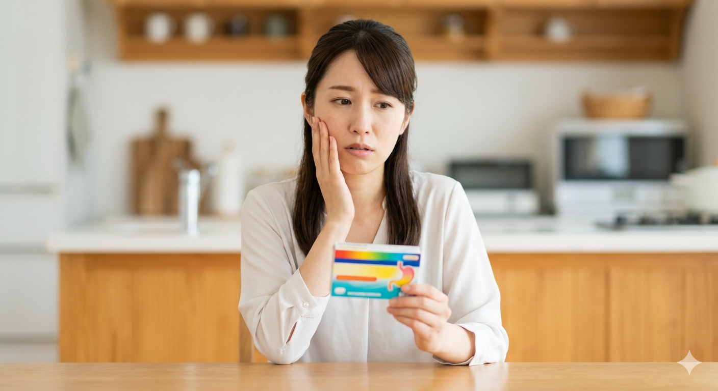 胃薬の箱を手に持ち、効かない原因を考えて不安そうな表情を浮かべる日本の女性