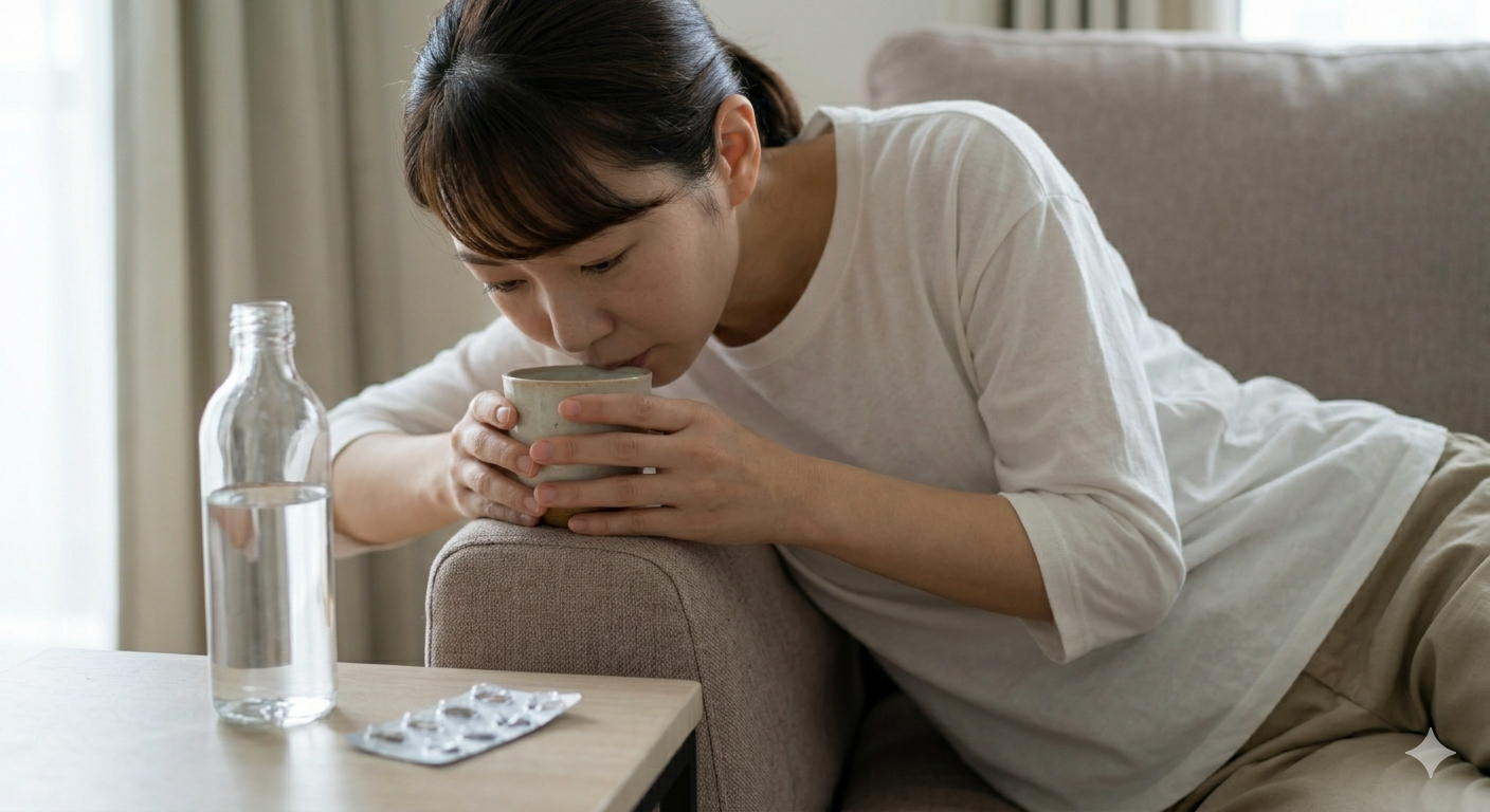 二日酔い脱水対策に経口補水液を少しずつ飲む女性。正しい水分補給と胃薬の服用タイミングを解説。