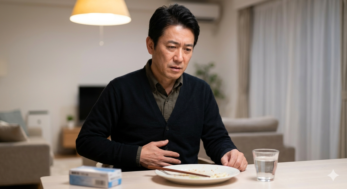 食後に胃もたれを感じ、心配そうに胃をさする日本の男性