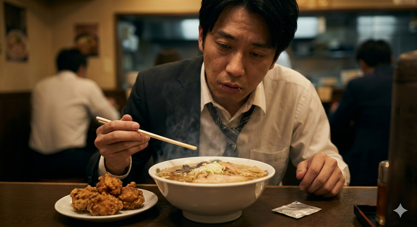 深夜に脂っこいラーメンと唐揚げを食べる、胃に負担をかけるNG行動をとる日本の男性
