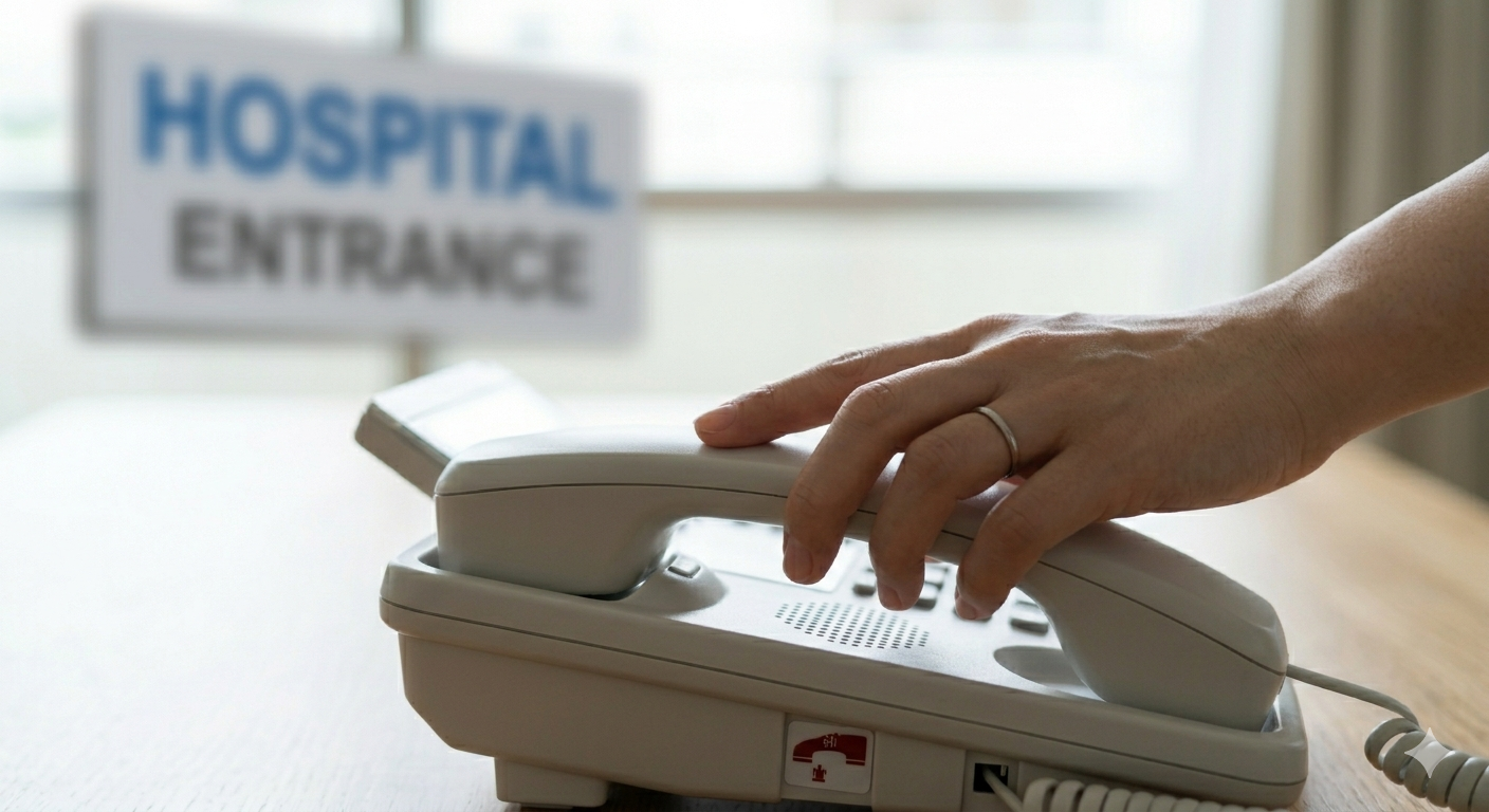 二日酔いで治らない胃痛や黒い便などの危険な症状がある際、医療機関へ電話相談しようとする様子。