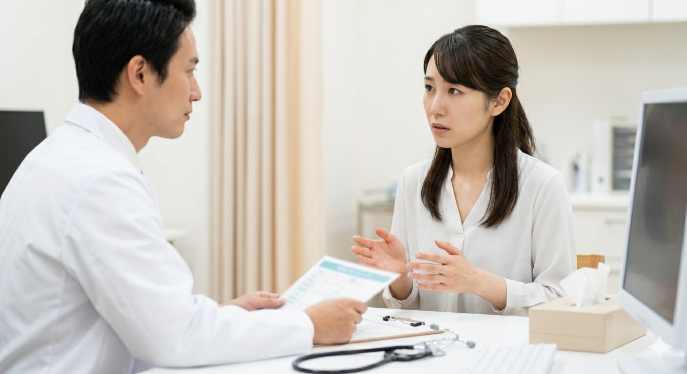 真剣な表情で日本の医師の診察を受け、胃の症状を相談する女性