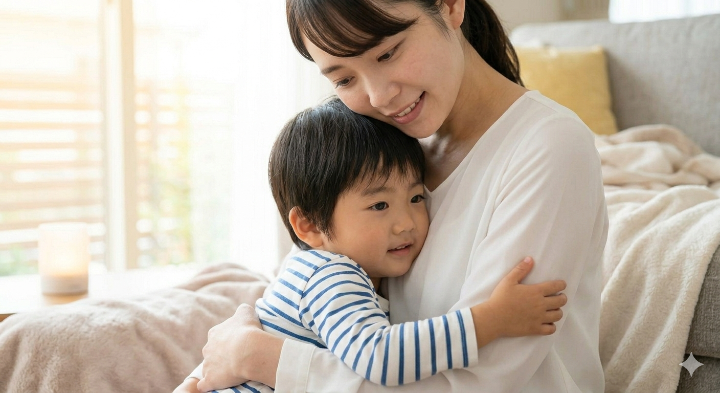 薬を飲んだ後、母親に抱っこされて安心している子どもの様子。