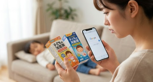 子どもの急な発熱に悩み、スマートフォンで調べながら市販薬のパッケージを確認する母親の様子