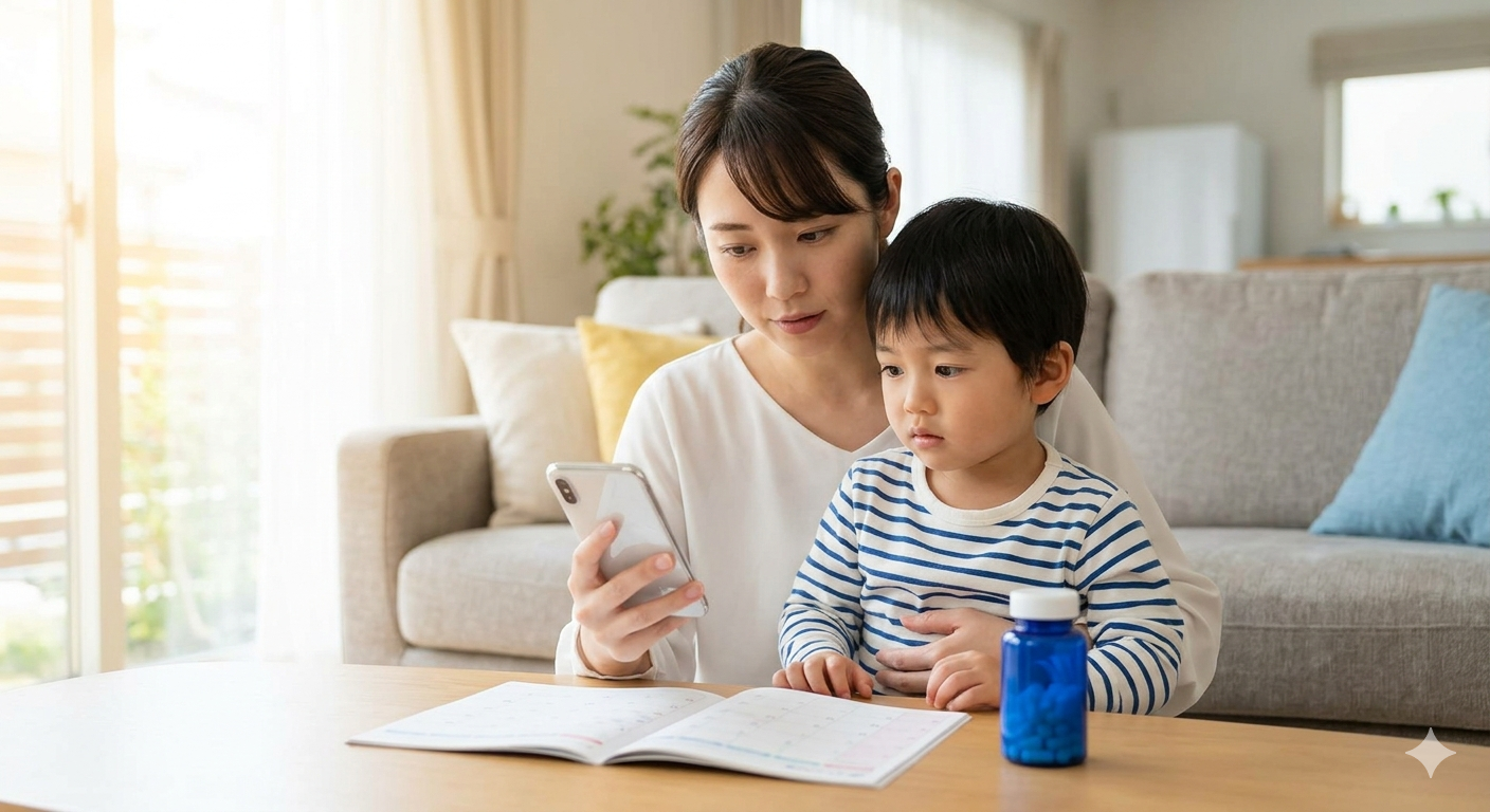 リビングで子どもの薬のスケジュールを確認する母親と、少し不安げな子どもの様子。