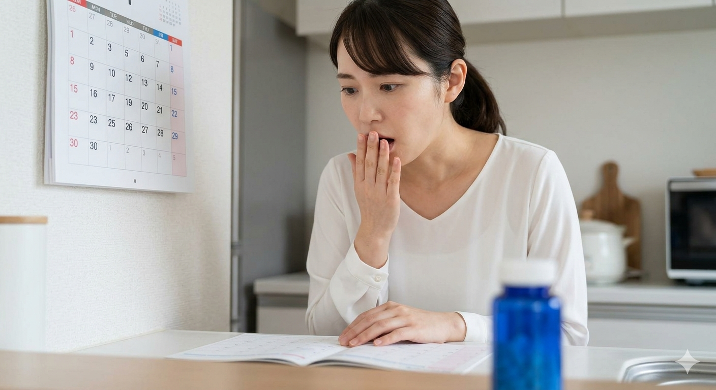 カレンダーを見て子どもの抗生物質の飲み忘れに気づき、ハッとする母親の表情。