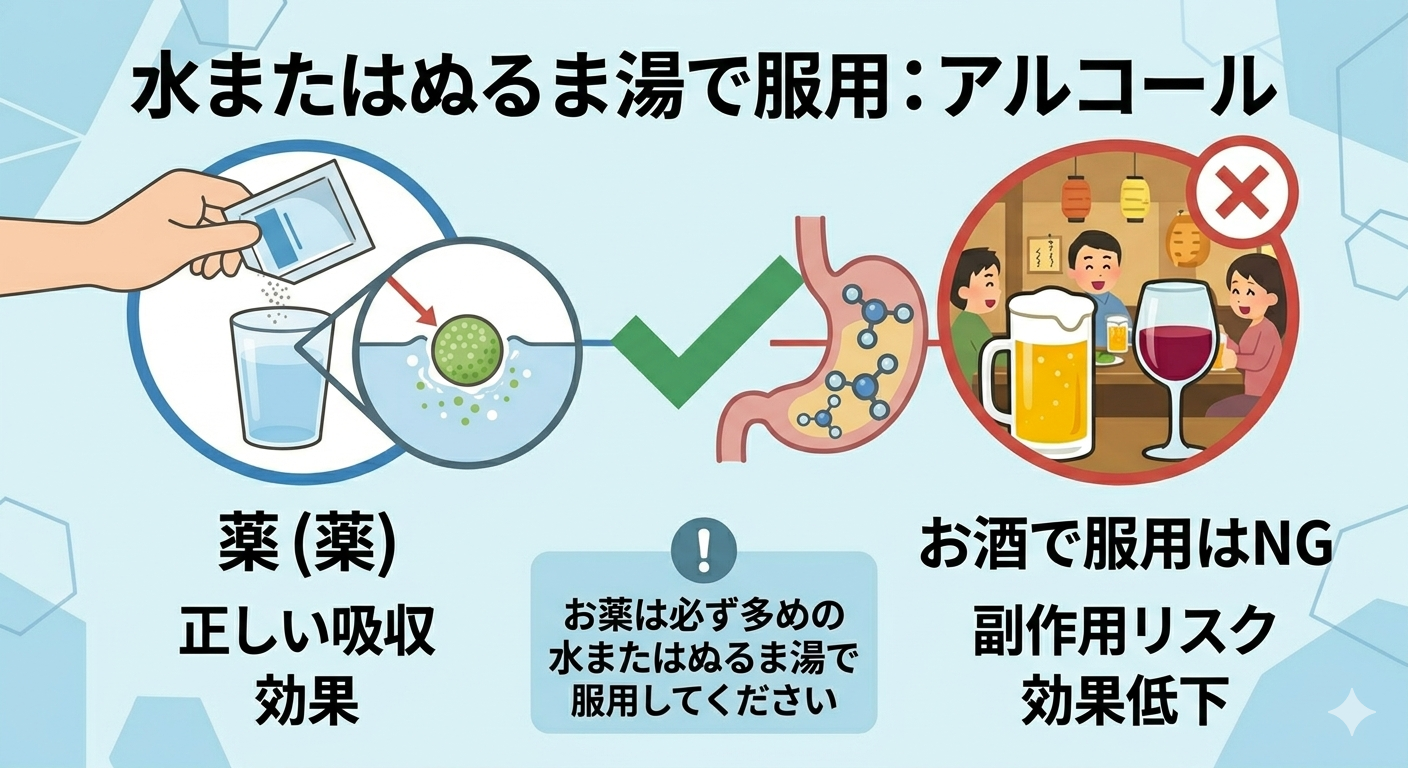 お薬はお水で飲むことが基本。お薬を飲む手元とお水の入ったグラスに、中央の✔マークと「水またはぬるま湯で」と書かれた解説画像。