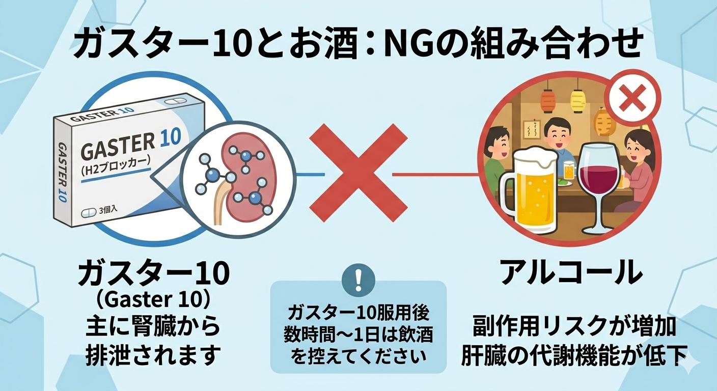 ガスター10（H2ブロッカー）とアルコールの併用注意。左側のガスター10パッケージと、右側のビール等のアルコールが、中央の赤い×マークでつながれ「NG」と書かれた図解画像。