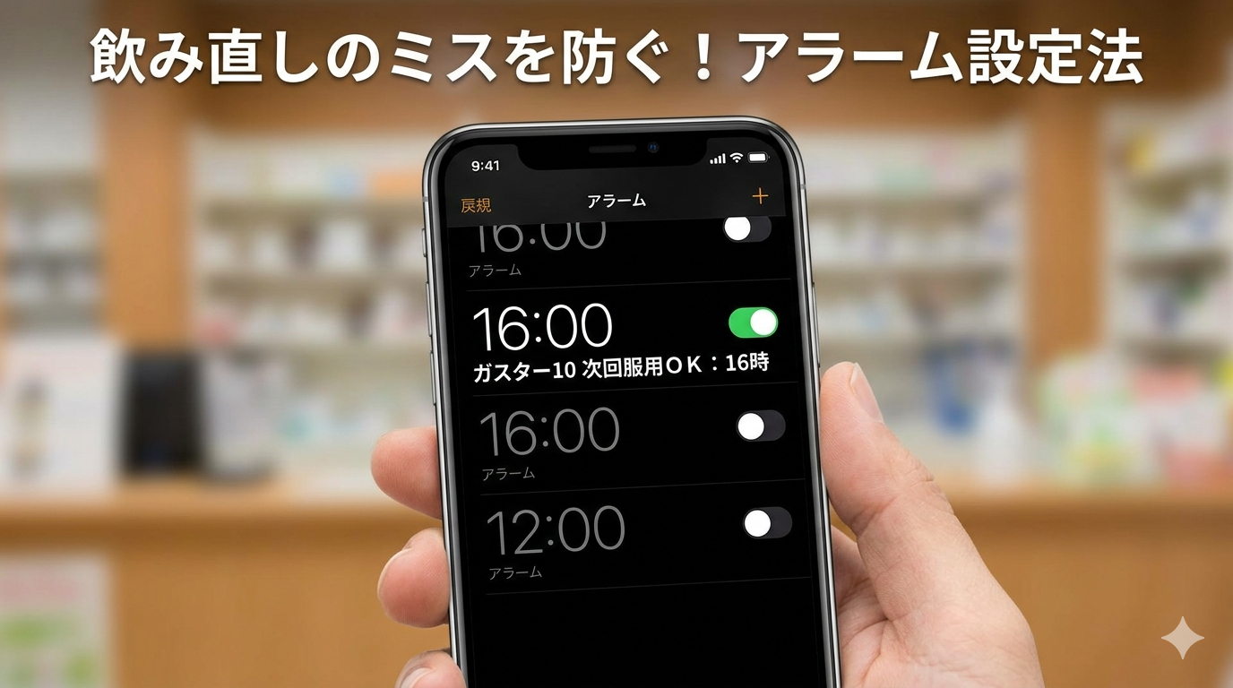 ガスター10の飲み直しミスを防ぐためのスマホアラーム設定例。16時のアラームに『ガスター10 次回服用OK』とメモが入力されている画面のアップ。