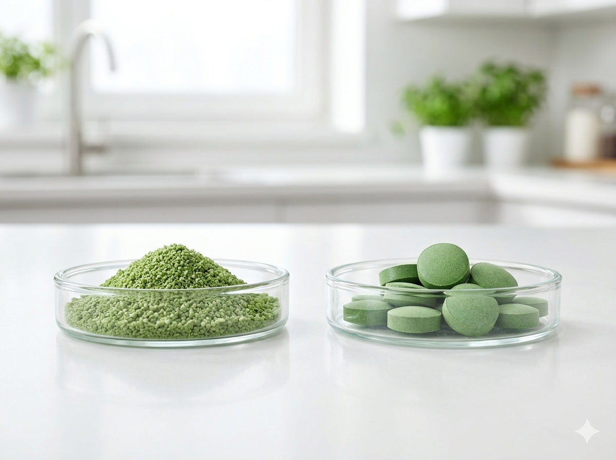 緑色の顆粒(粉末)タイプと錠剤タイプの胃薬を並べた比較写真