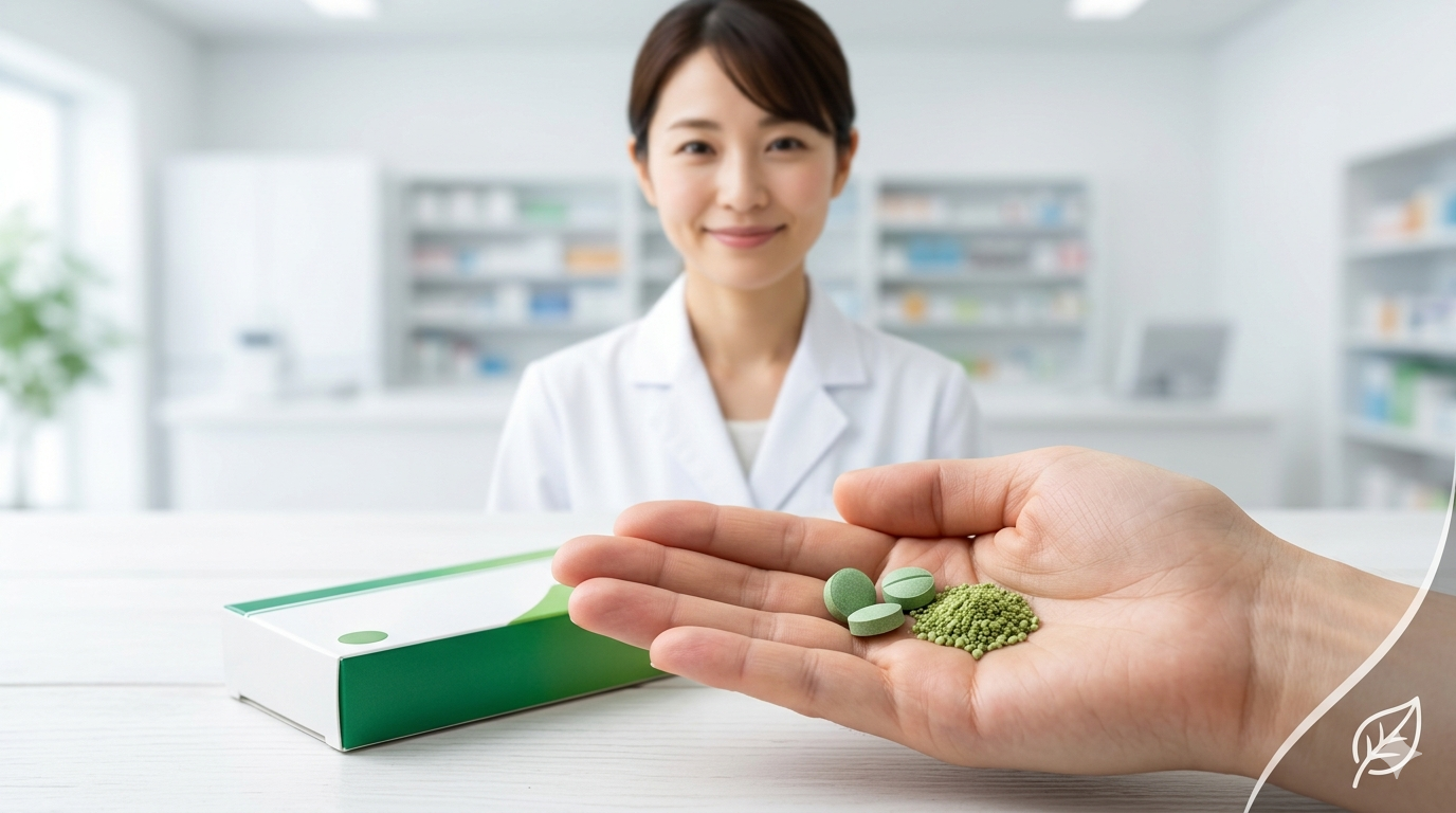 手のひらに載った緑色の錠剤と顆粒。背景には白衣の薬剤師が控えているイメージ画像