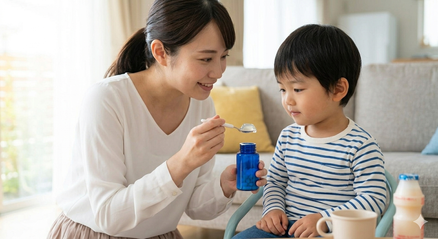 リビングで、母親が子どもに服薬補助ゼリーを使って優しく薬を飲ませる様子。