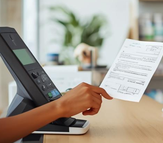 薬局の受付にある顔認証付きカードリーダーに、患者がマイナンバーカードをかざして本人確認を行っている様子