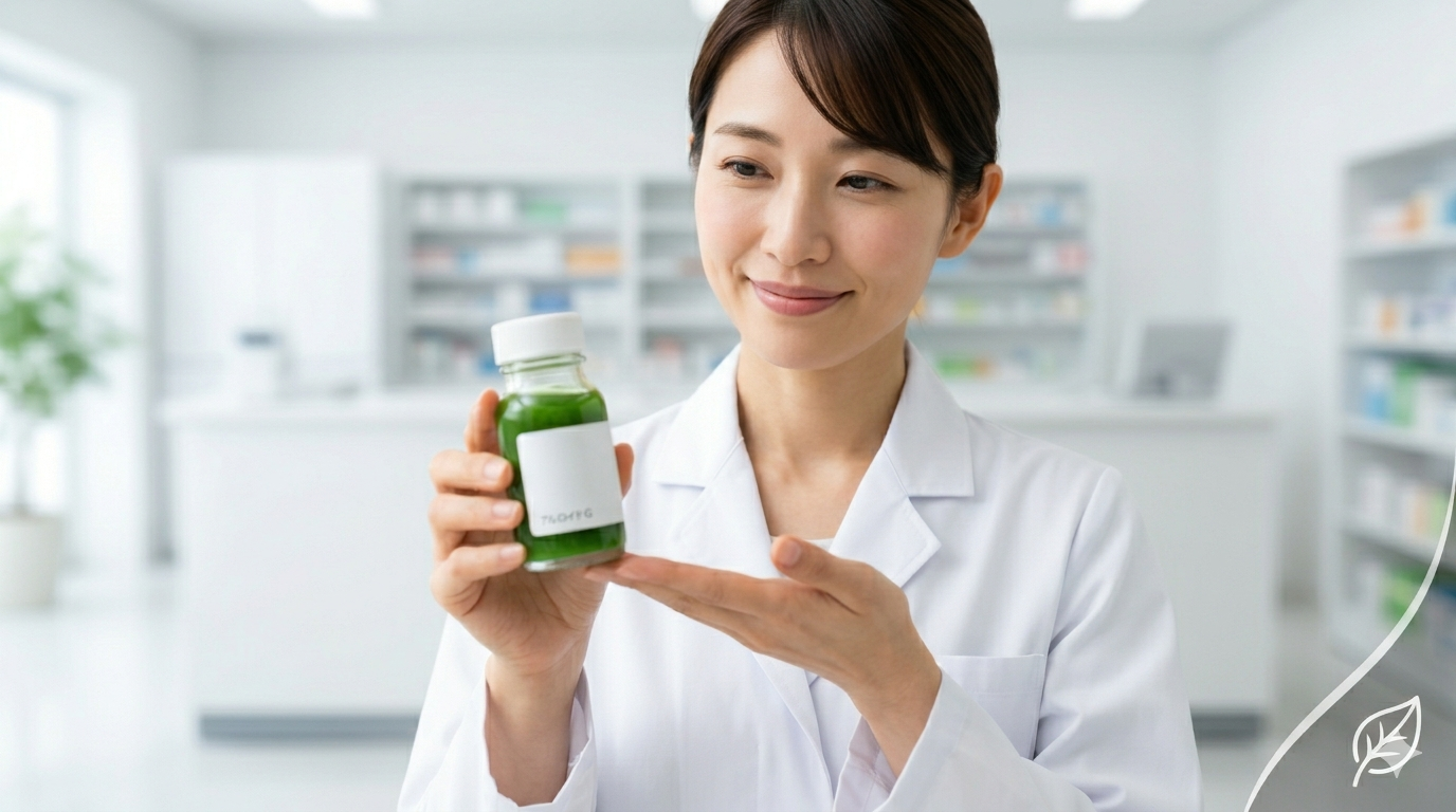 薬剤師が緑色の薬瓶を手に持ち、適切な飲み方や注意点について説明しているシーン