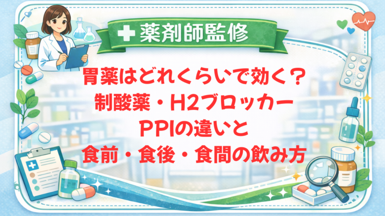 【薬剤師監修】胃薬はどれくらいで効く？制酸薬・H2ブロッカー・PPIの違いと食前・食後・食間の飲み方
