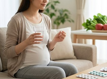 妊婦の手元で、薬のパッケージと国立成育医療研究センターのリストのような案内資料を照らし合わせ、安全性を確認しているクローズアップ。