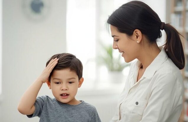 自宅で子どもの発熱を心配する母親（妊婦）。インフルエンザ流行期や妊娠中、子どもにアセトアミノフェン製剤（カロナールなど）が推奨される理由の解説。