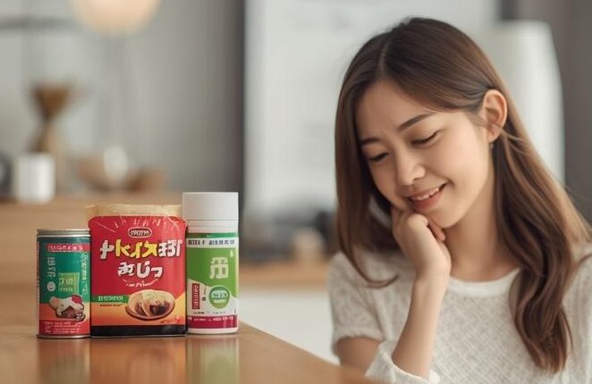 薬局のカウンターで薬剤師に市販の胃腸薬について相談する様子。ガスター10の年齢制限やアルコール禁忌、ロートエキス配合薬の注意点などの服薬指導。