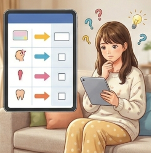 熱・頭痛・生理痛などの症状や、子ども・妊婦といった場面に合わせて、自分に合う解熱鎮痛薬を選ぶ方法。女性がタブレットで成分ごとの特徴を確認している様子。