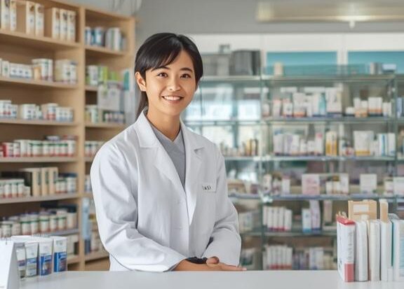 明るく清潔感のある薬局のカウンターで笑顔で迎える現役の管理薬剤師