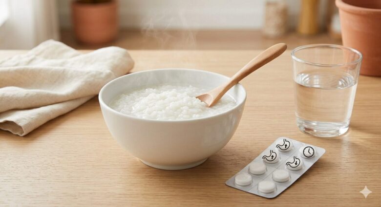 胃に優しい食事（おかゆ、卵、豆腐）と、症状に合わせた市販の胃腸薬。
