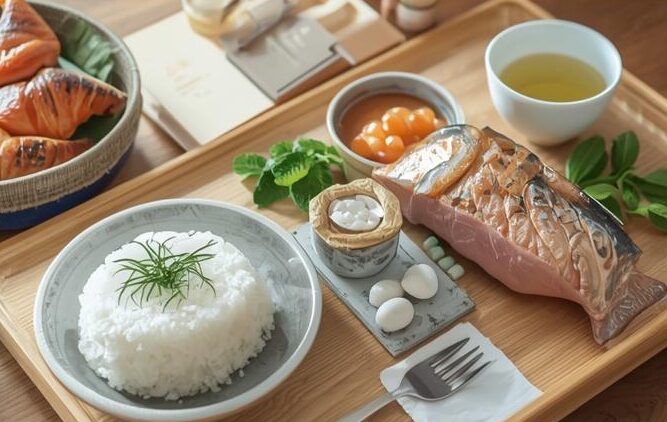胃に優しい食事をイメージさせる木のテーブルに並んだ健康的でバランスの良い和食と緑茶