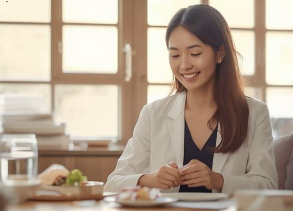 胃の症状が改善し、笑顔で健やかに食事を楽しむ様子。市販薬を正しく使ってセルフケアを行い、健康的な胃を取り戻したイメージ。