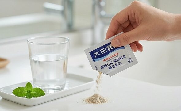 自宅のリビングのソファに座り、テーブルの上の胃腸薬ボトルを前にして、水と一緒に胃薬を落ち着いて服用している女性の姿
