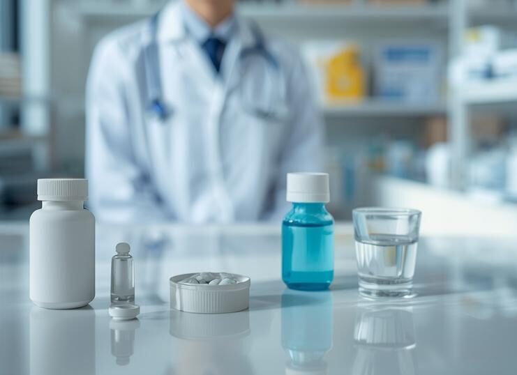 明るく清潔な薬局のカウンターと酸化マグネシウムの服薬指導を行う薬剤師のイメージ