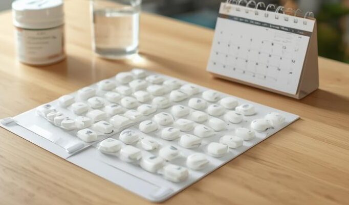 テーブルの上に綺麗に並べられた錠剤やカプセルなどの医薬品のシートと服薬管理のイメージ