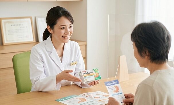 水の入ったグラスの横で、個包装された粉末タイプの総合胃腸薬を優しく開封して服用する準備をしている手元の様子