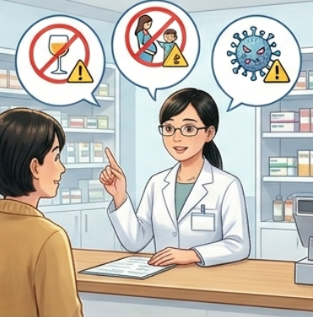 薬局で薬剤師に解熱鎮痛薬の選び方や安全な使い方を相談する様子。妊娠中・授乳中の注意、インフルエンザ時のNSAIDs（ロキソニン・イブ系）のリスク、アルコール併用禁止の解説。