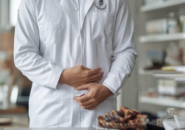 薬局のカウンターで薬剤師に市販の胃腸薬について相談する様子。ガスター10の年齢制限やアルコール禁忌、ロートエキス配合薬の注意点などの服薬指導。