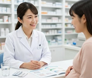 リビングでリラックスした様子の妊婦が、テーブルに置かれた薬と水を確認しながら、正しく服用しようとしているシーン。