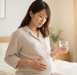 薬局のカウンターで、笑顔の女性薬剤師が資料を広げながら妊婦に胃薬の安全性について説明している様子。