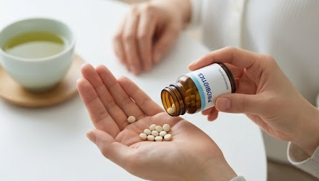 整腸剤を取り出す手。腸内環境を整える薬。