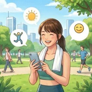 解熱鎮痛薬を正しく使い、熱や痛みが改善して元気になった健康的な姿。公園で明るくスマートフォンを操作する女性。