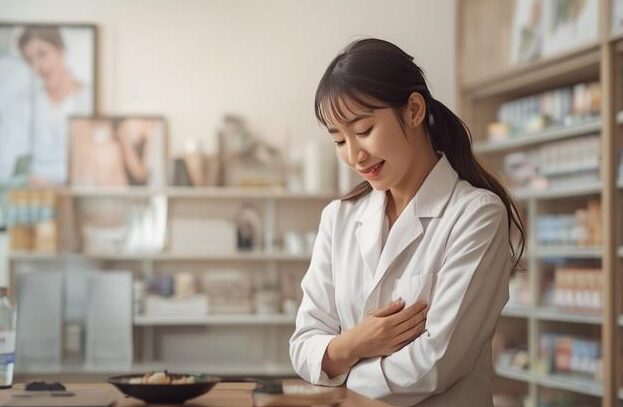 胸やけや胃もたれ、胃痛など、胃の不調の原因と仕組みを考える女性。胃酸過多や消化不良など、症状によって選ぶべき胃腸薬の種類が異なることの解説。