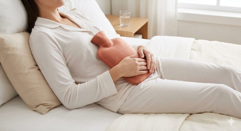 胃痛を和らげるため、ソファーで左側を下にして横になり、カイロでみぞおちを温める女性。
