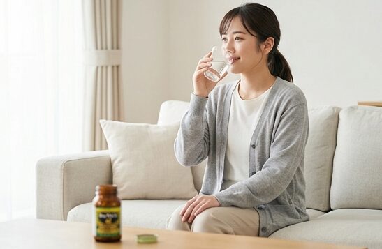 自宅のリビングのソファに座り、テーブルの上の胃腸薬ボトルを前にして、水と一緒に胃薬を落ち着いて服用している女性の姿