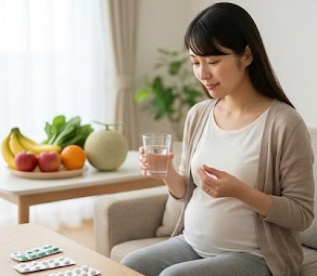 妊娠中の女性がベッドに座り、胃のあたりをさすりながら不安そうにコップ一杯の水を持っている様子。