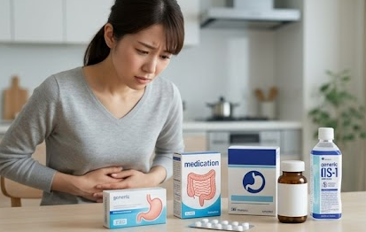 胃腸薬を選ぶ女性。お腹を押さえて薬を見つめる。