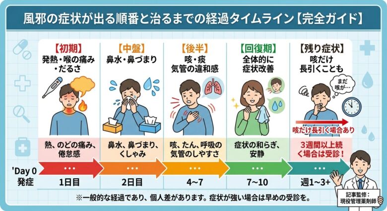 風邪の症状が出る順番と治るまでの経過タイムライン一覧(初期・中盤・後半・回復期・残り症状)の解説イラスト