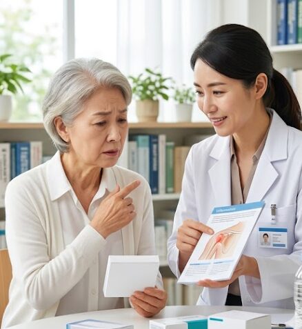 ドラッグストアの店頭で、女性の腰に薄型の湿布(テープ剤)がしっかりと貼られている様子