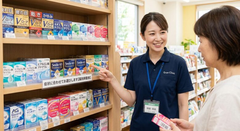 薬局・ドラッグストアの目薬コーナーで、管理薬剤師が患者に症状別の目薬（疲れ目、目の乾き、かゆみ）の選び方を笑顔で提案・相談に乗っている様子。