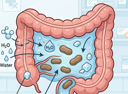 酸化マグネシウムなどの非刺激性下剤が、腸内に水分を集めて便を柔らかくし、自然に排便を促す仕組みを表したイラスト