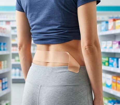 薬局のカウンターで、現役の女性薬剤師から湿布の正しい使い方や注意点について説明を受けている女性の様子