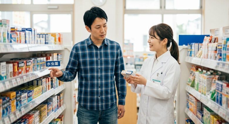 薬局のカウンターで、どれを選ぶべきか悩んでいる患者に対して、棚に並んだ水虫薬の選び方を優しく案内する笑顔の男性薬剤師